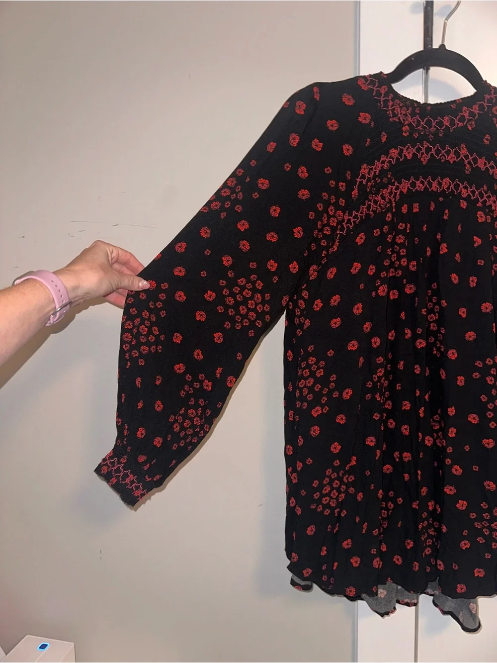Free People Size Small Black Blouse with Red Floral Smocking